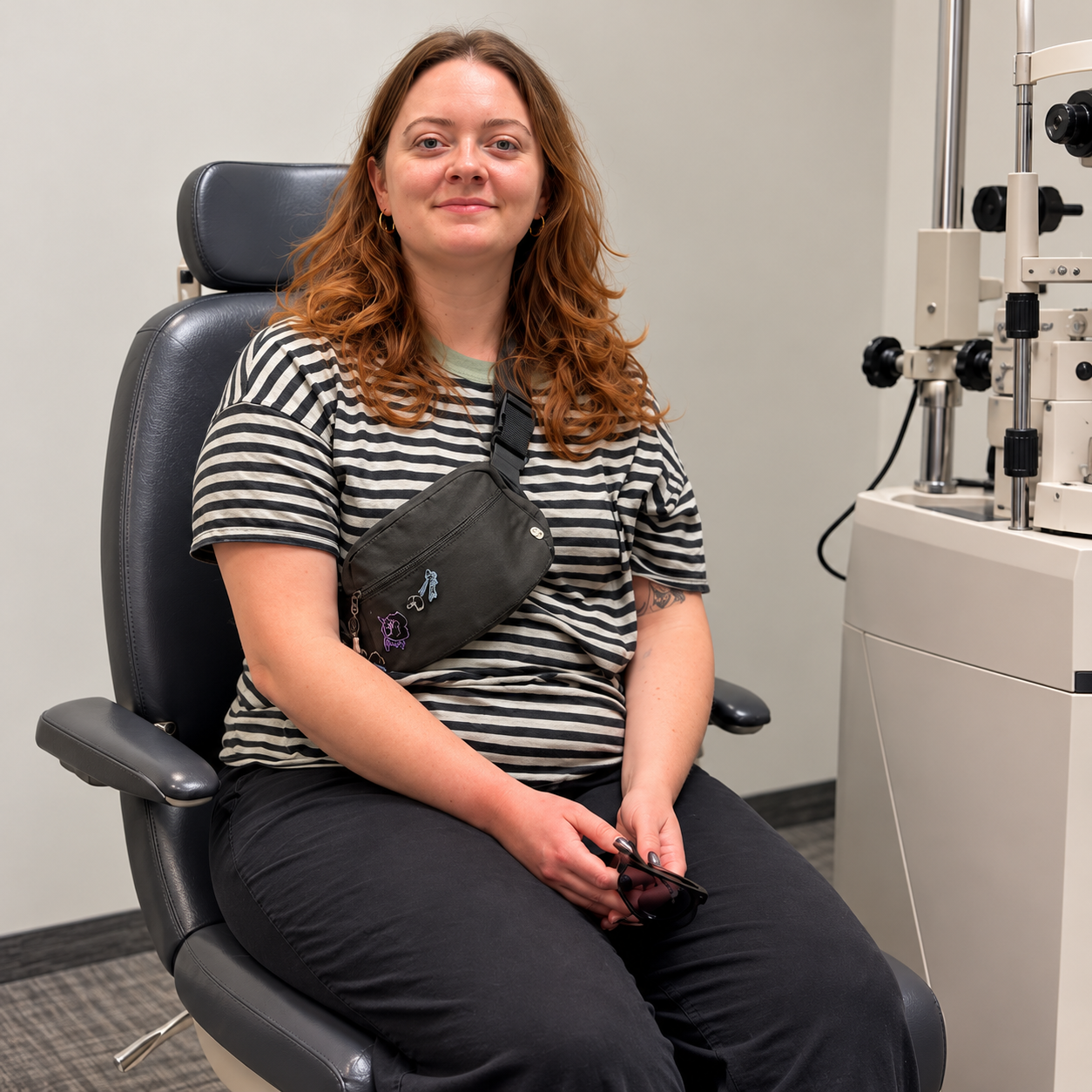 A smiling EVO ICL patient seated in an exam chair at Hoopes Vision