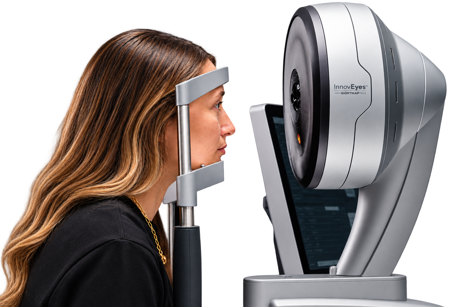 Patient undergoing an advanced eye diagnostic scan for personalized LASIK treatment at Hoopes Vision.